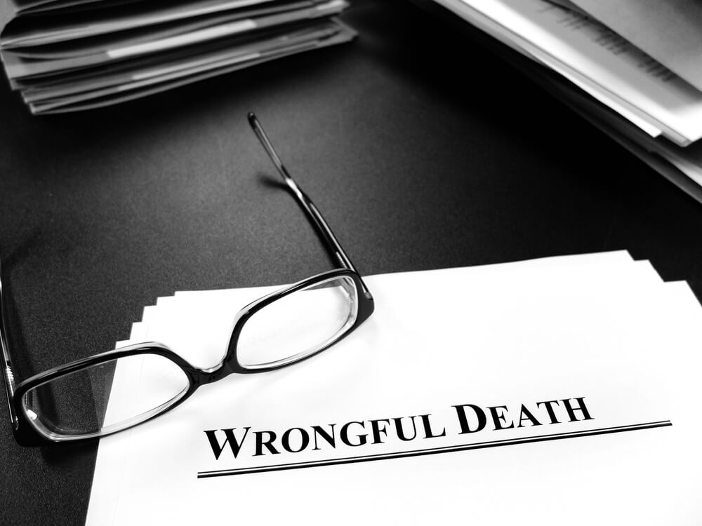 Wrongful death papers on desk with glasses for legal services or lawsuit