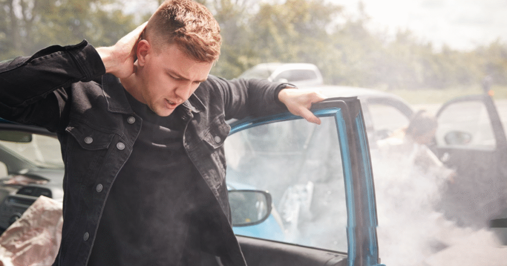 Injured man exiting smoky car after accident