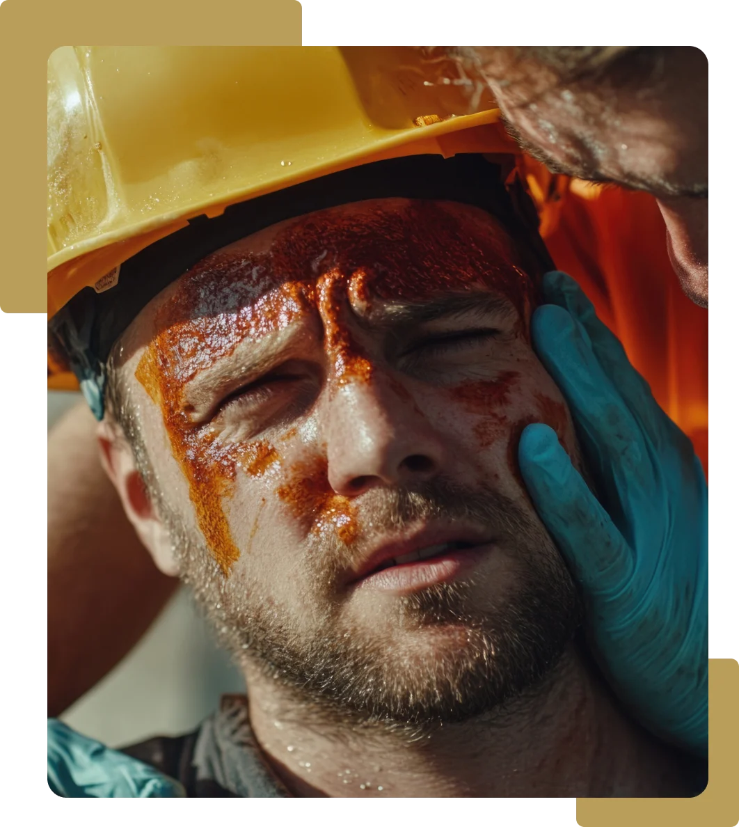 A construction worker wearing a yellow hard hat appears injured, with a red substance resembling blood on his face. Another person wearing blue medical gloves gently supports his head, offering assistance.