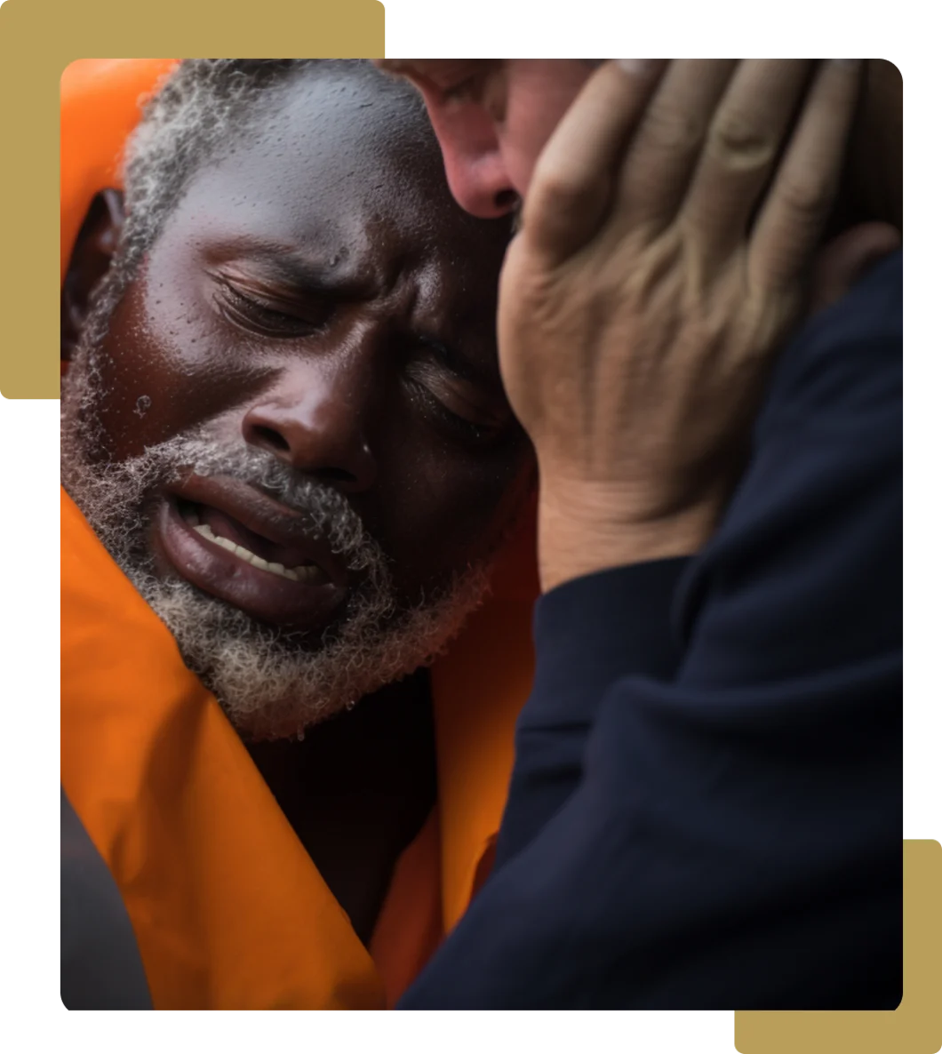 A distressed older man wearing an orange life jacket is being comforted by another person who gently holds his face. The man appears emotional, with his eyes closed and mouth slightly open.