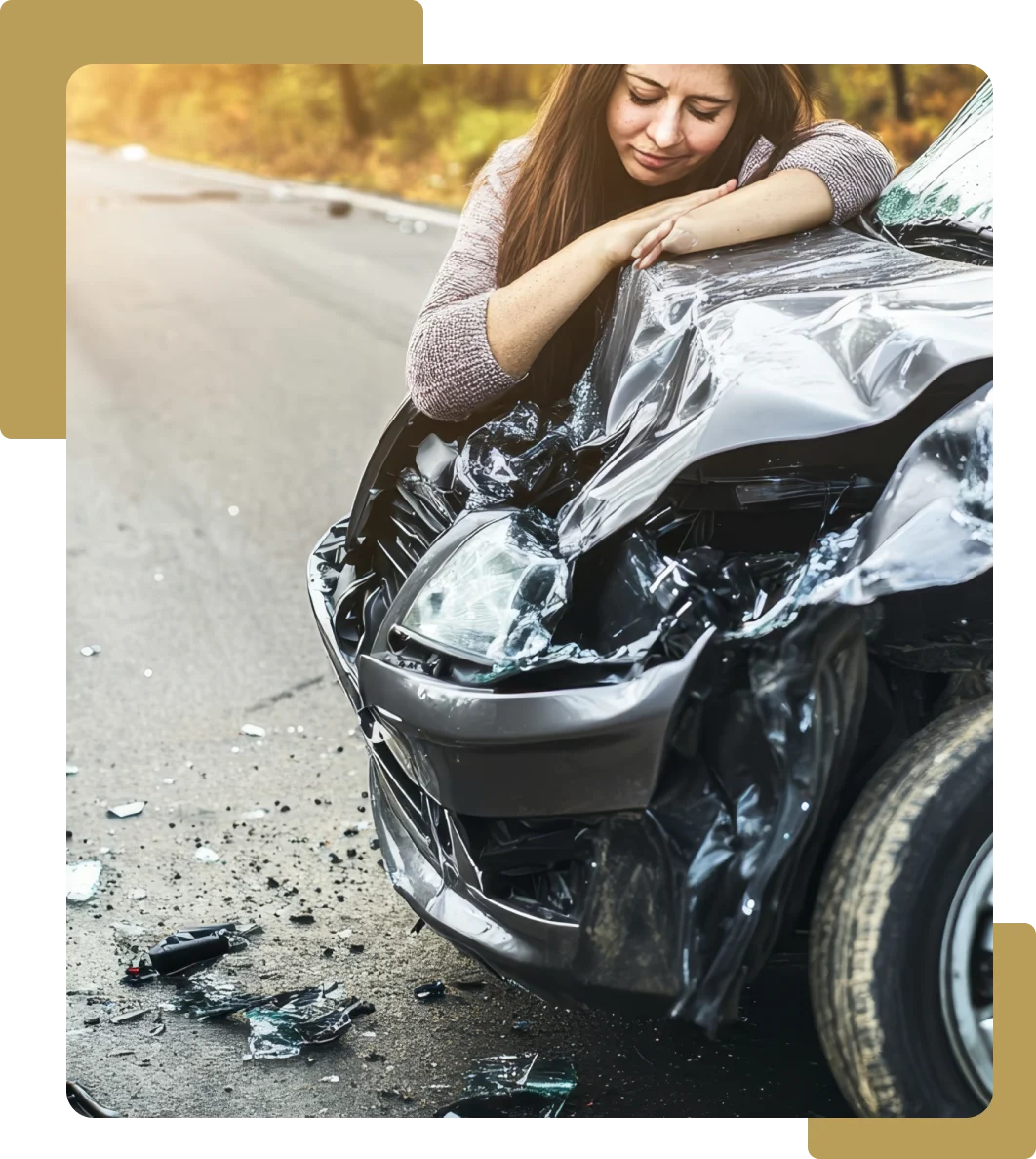 Upset woman leaning on the damaged front of a car after a road accident.