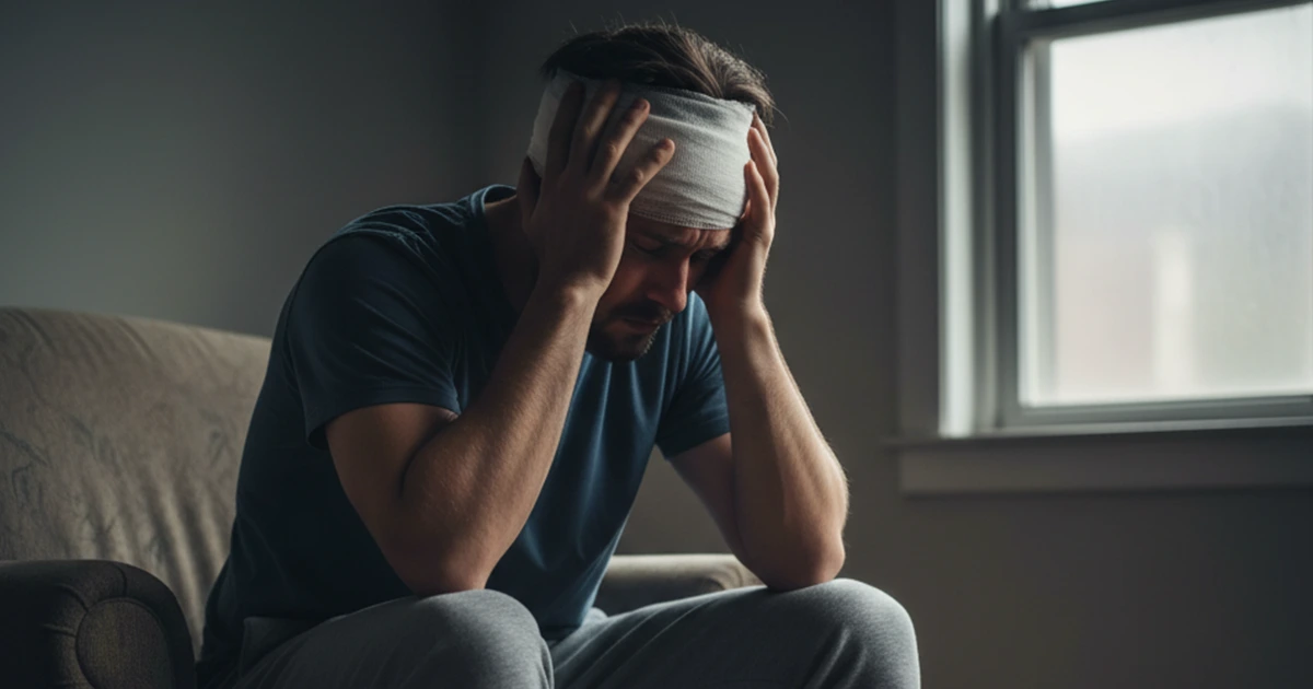 A man with a bandaged head holds his head in pain.