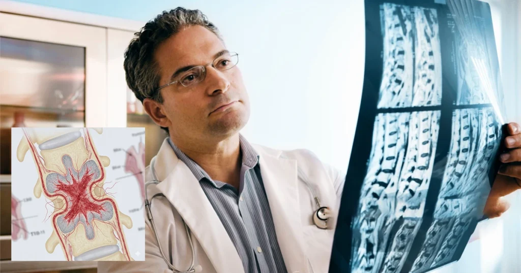 Doctor examines X-ray of spinal cord injury with detailed diagram.