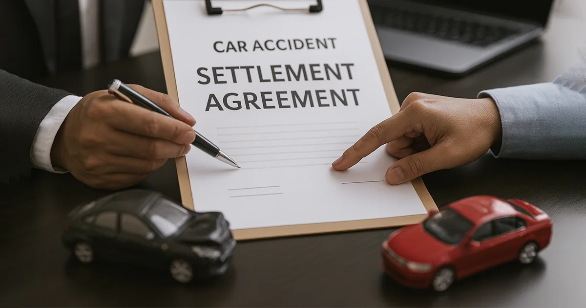 Hands reviewing and signing a car accident settlement form.