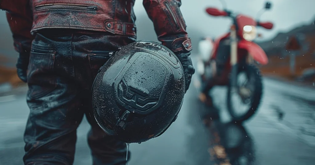 Motorcyclist holding helmet highlighting safety law compliance