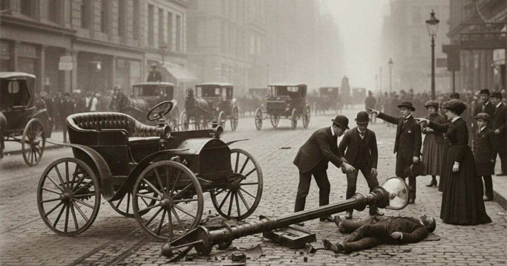 Early automobile accident marking first car crash history