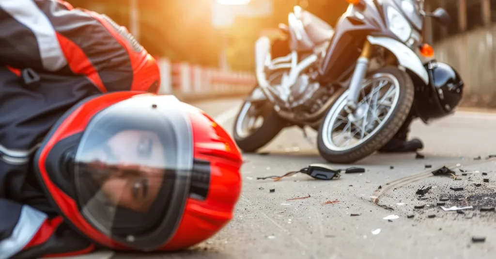 aftermath_motorcycle_accident_rider_injured_asphalt_highlighting_road_safety_concerns