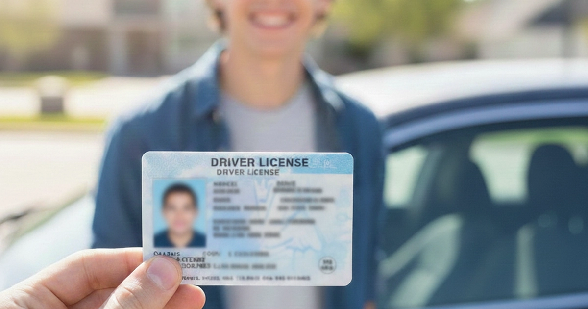 Young driver holding up their first driver’s license