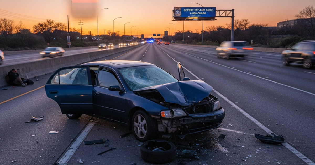 Alt Text: Damaged car after hit-and-run crash on highway at sunset with debris on road.