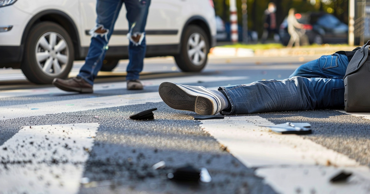 Pedestrian lying injured on crosswalk after hit-and-run accident.