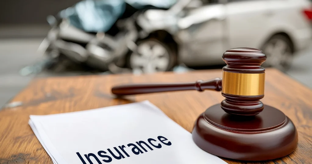 Car crash scene with insurance document and gavel in foreground.