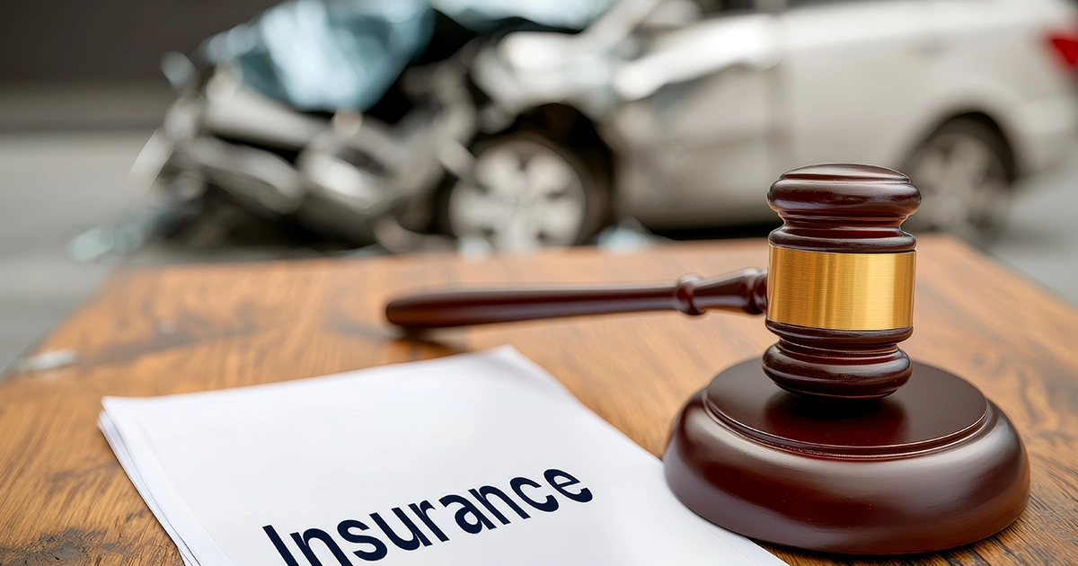 Car crash scene with insurance document and gavel in foreground.