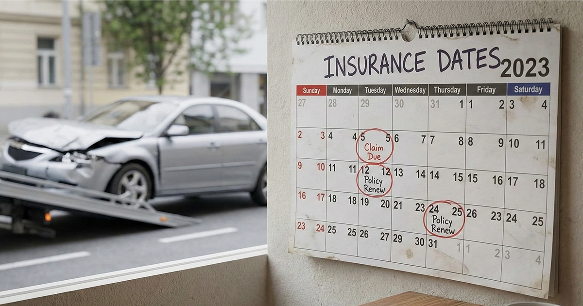 Insurance calendar marked with claim due and policy renewal dates.