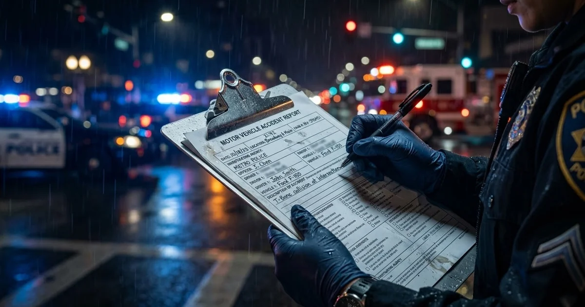A close-up of a professional investigator’s clipboard with an accident report, next to a blurred police siren and a pair of yellow evidence markers