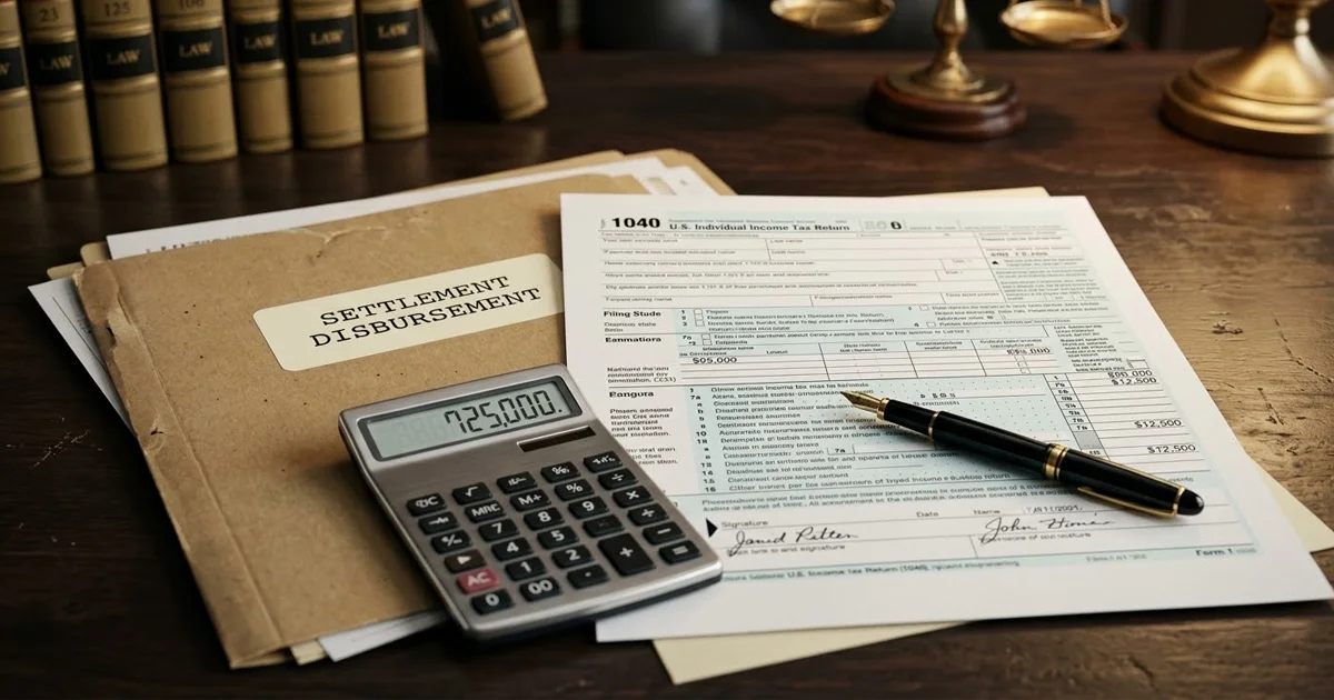 A professional close-up of a 1040 tax form and a legal settlement document resting on a mahogany desk, with a calculator and a fountain pen, symbolizing the taxability of legal awards.