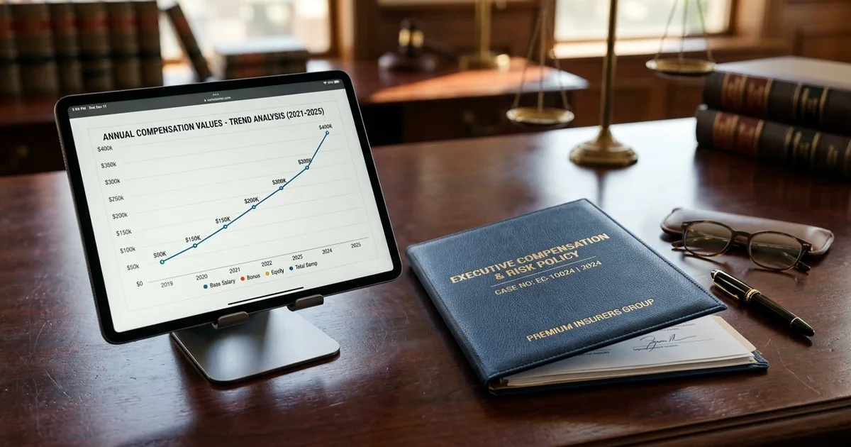 A pair of designer glasses resting on an insurance policy document with a "Maximum Compensation" highlight on a tablet screen.