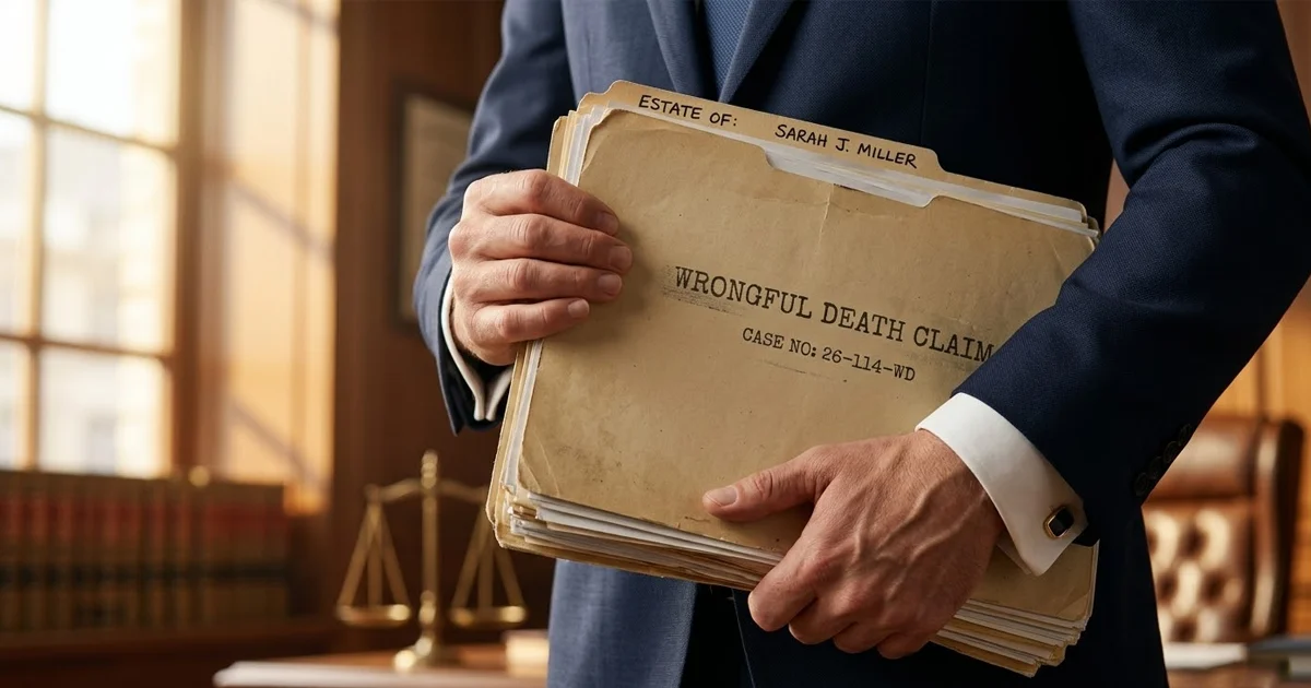 A somber but professional close-up of a "Wrongful Death Claim" manila folder being held by a lawyer in a charcoal suit.