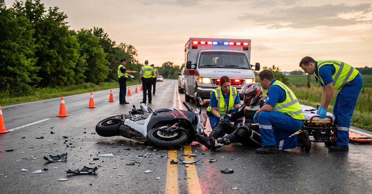 Emergency responders and paramedics tend to an injured motorcyclist next to a crashed motorcycle on an asphalt road with an ambulance in the background.