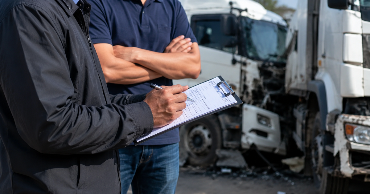 Accident report being written after truck collision.