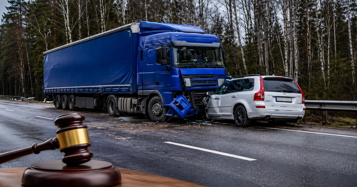 Blue semi-truck collided with a white SUV on a wet roadside, with a judge’s gavel in the foreground symbolizing a legal accident case.