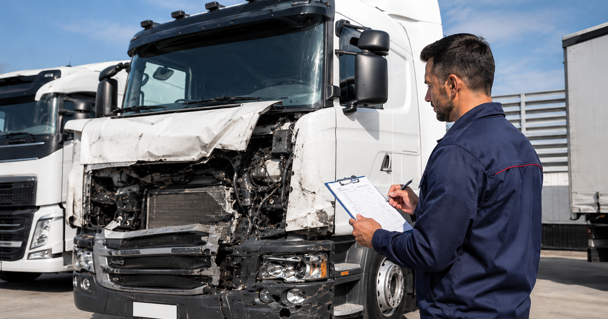 Man inspecting a damaged white truck with severe front-end crash damage in an industrial yard.