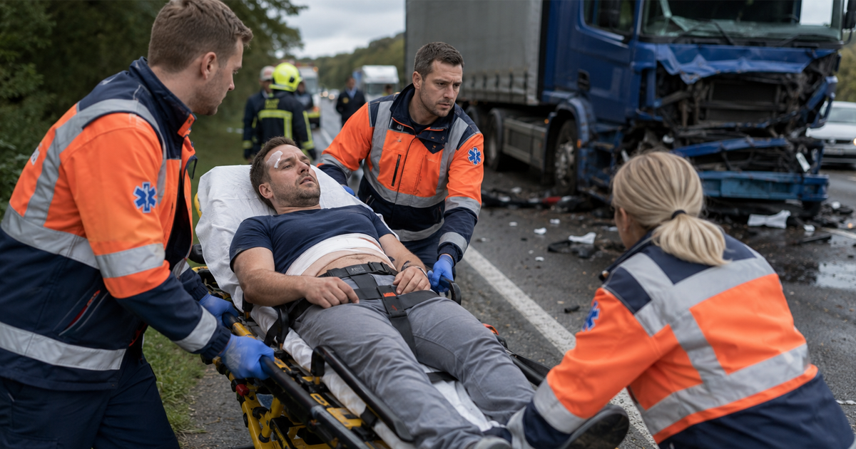 Medical team treating injured man after truck accident.