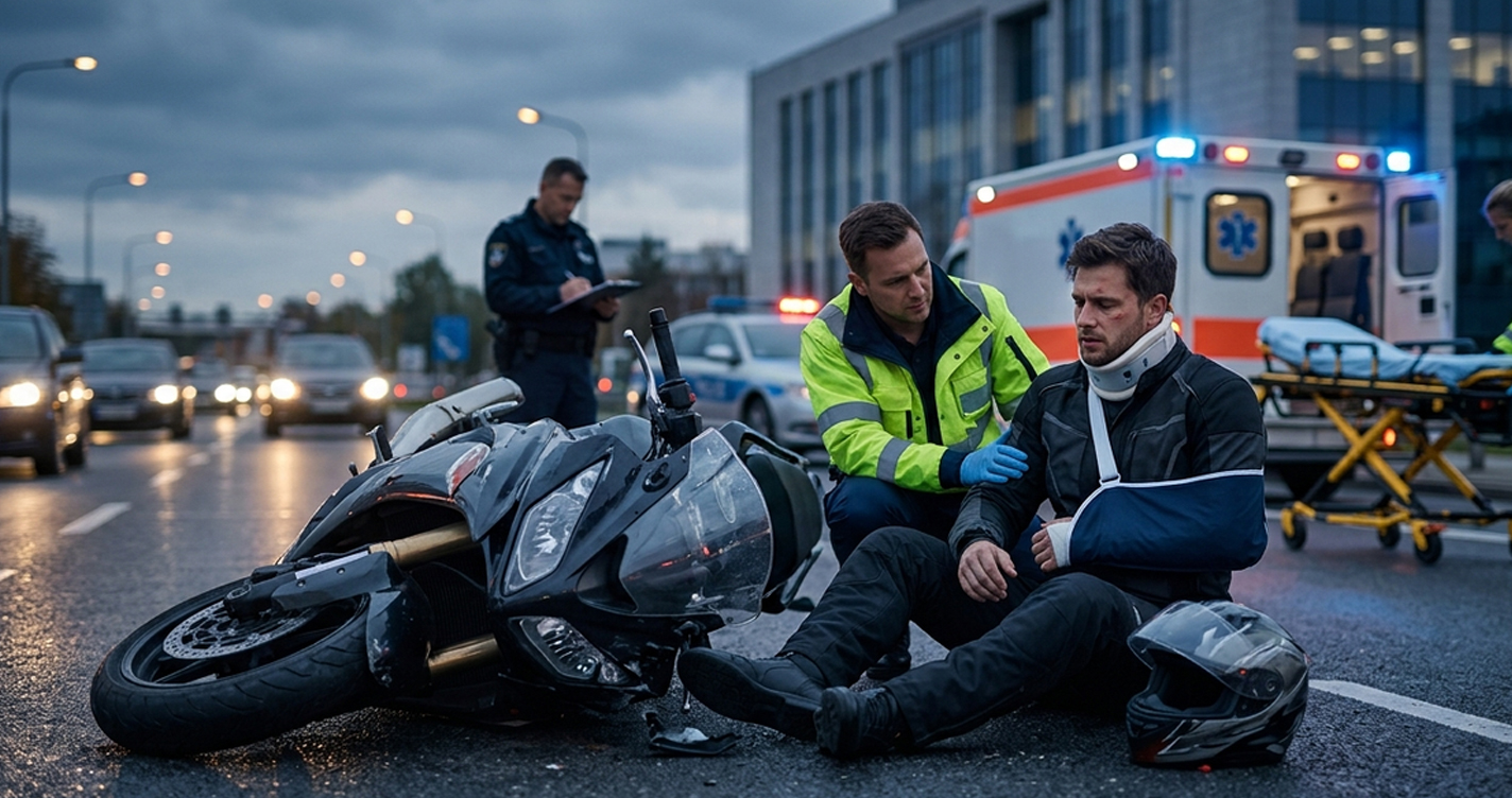 First responders assist an injured motorcyclist wearing a neck brace and arm sling at a crash scene.