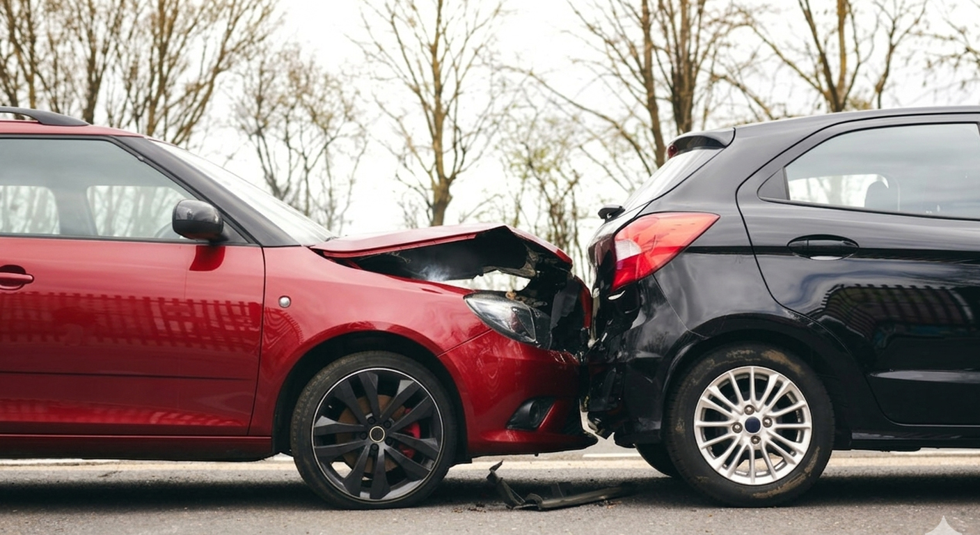 A red car that has rear-ended a black car on a road, showing severe front-end damage and a crumpled hood on the red vehicle.