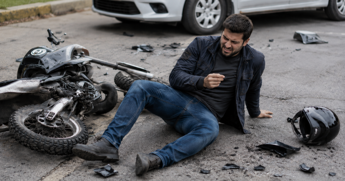 Injured motorcyclist sitting beside a crashed bike on the road.