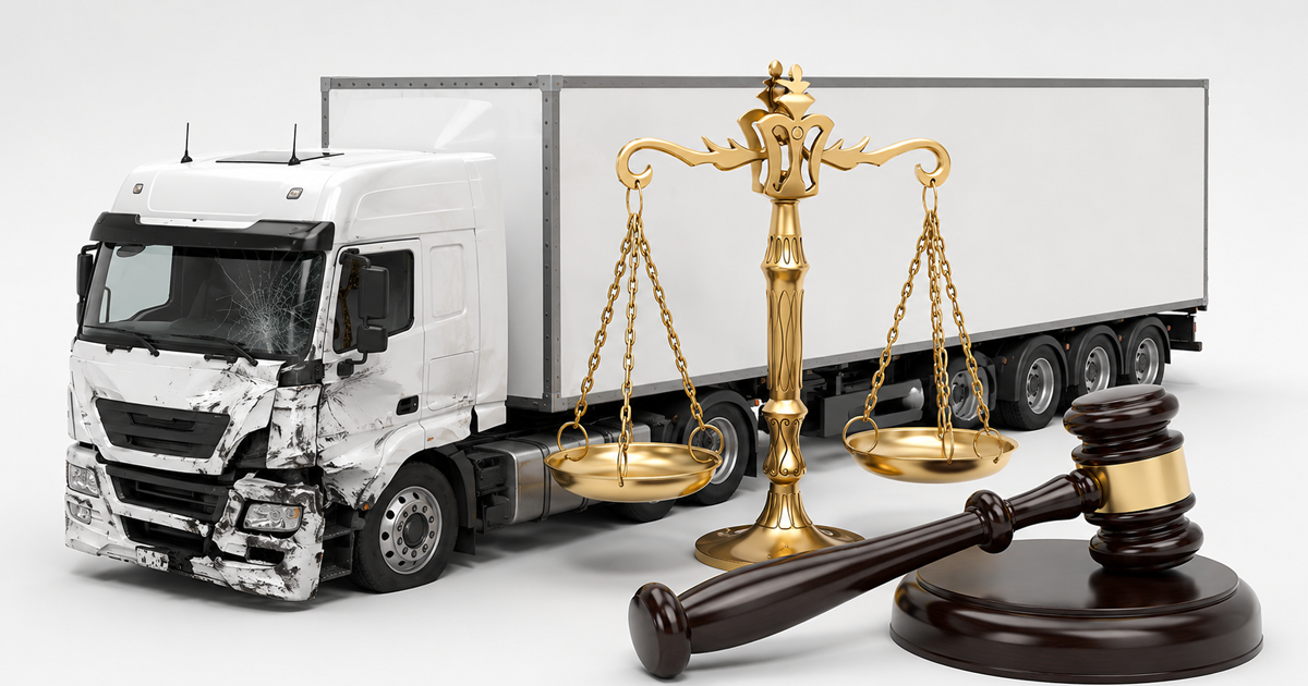 Accident-damaged white semi-truck beside golden justice scales and a dark brown judge’s gavel on a white background.