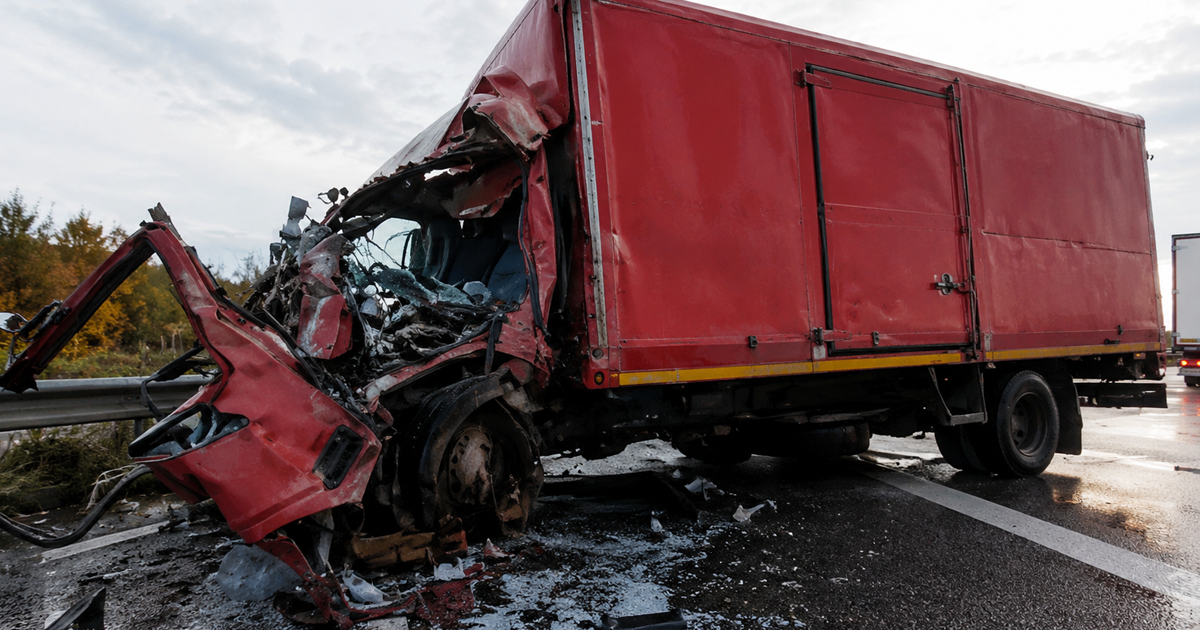 Damaged red box truck after a highway crash, with debris scattered on the wet road.