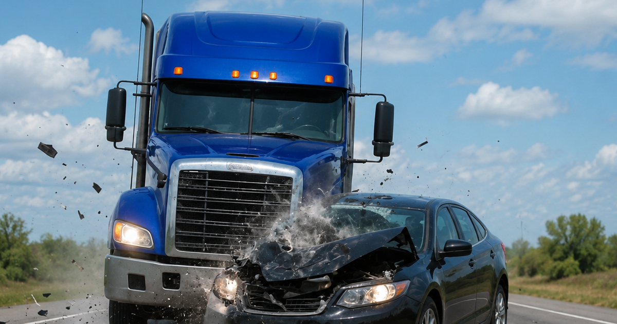 Blue semi-truck colliding with a black sedan on a rural highway in daylight, with debris scattered across the road.