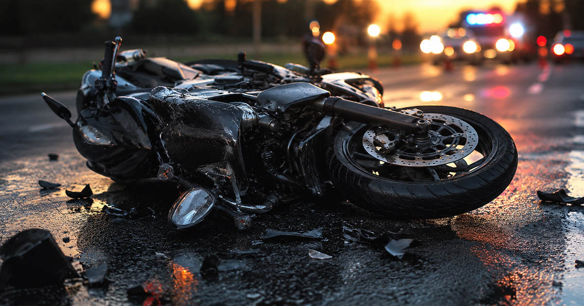 Damaged motorcycle on a wet road at sunset with blurred emergency lights in the background.