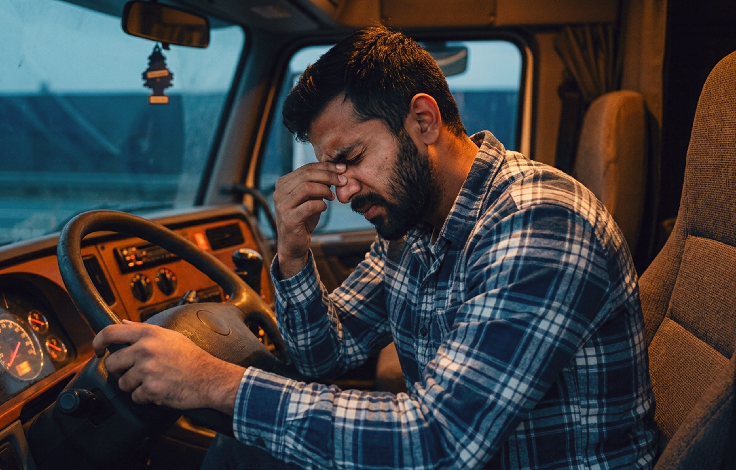 A tired truck driver in a plaid shirt sits in the cab of his vehicle, holding the steering wheel and rubbing the bridge of his nose in frustration or exhaustion.