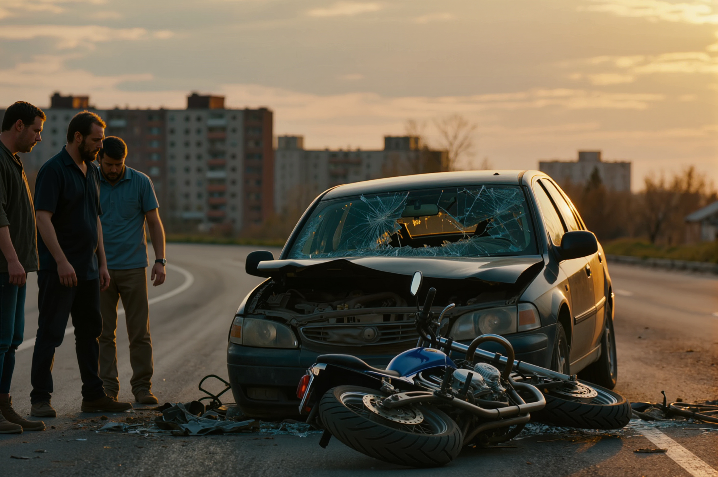Three men standing on the road looking at a car with a shattered windshield and a motorcycle lying on the asphalt after a collision.
