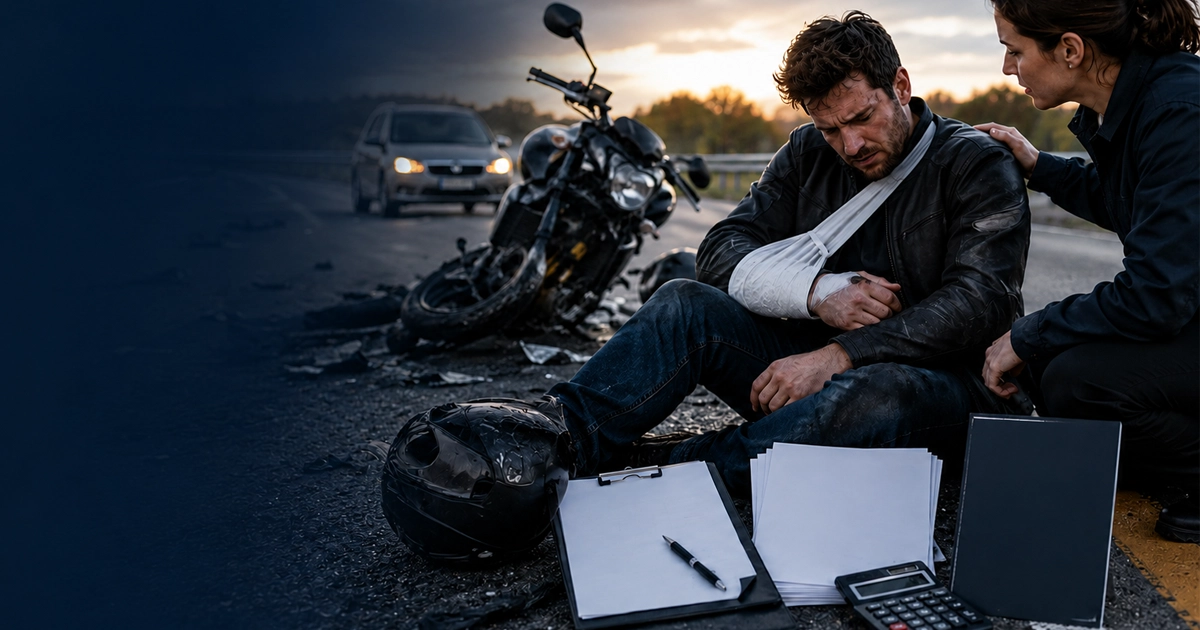 Injured motorcyclist sits beside a crashed bike at dusk while a woman comforts him, with a helmet and paperwork on the road.