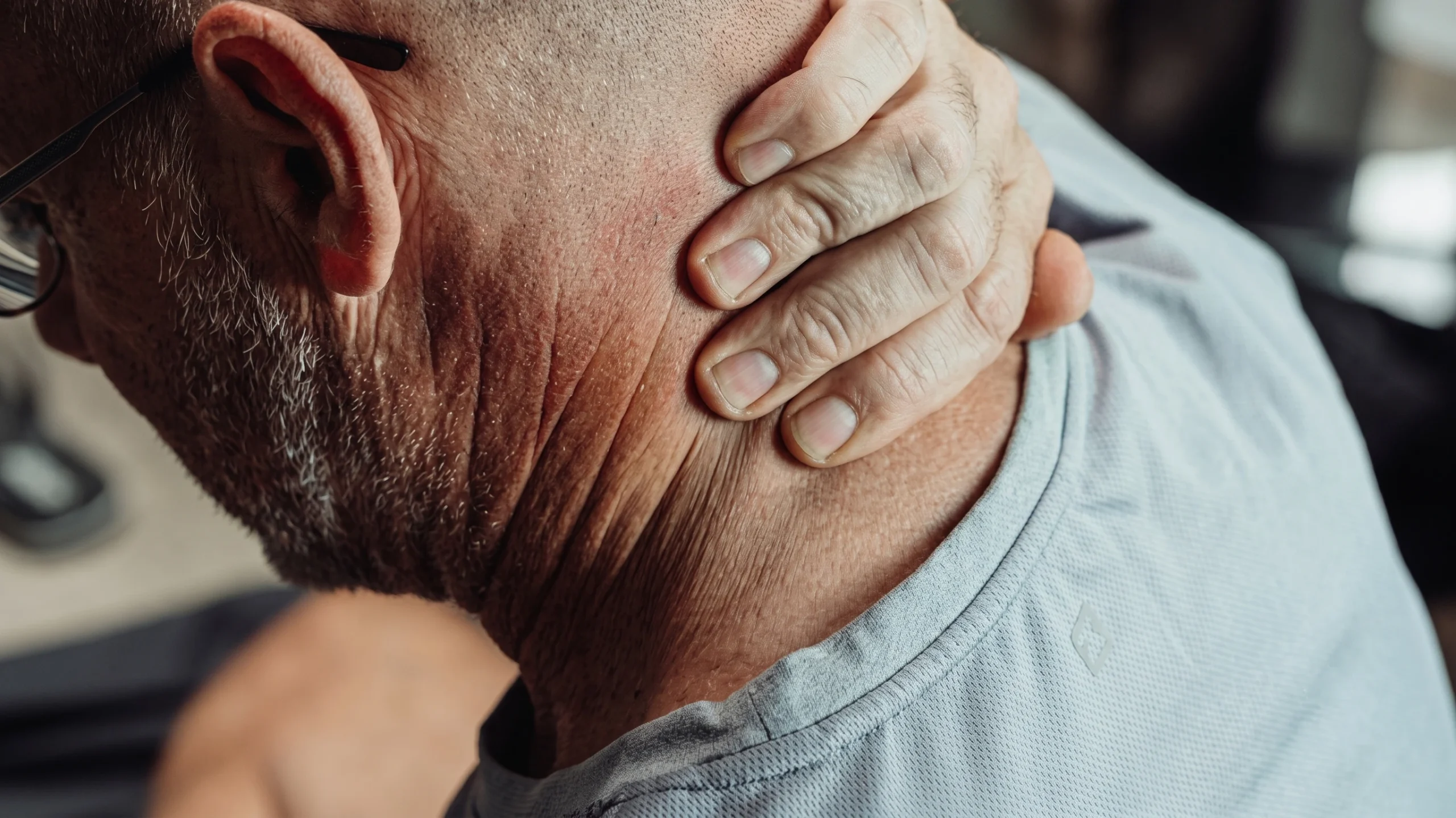 A man holding the back of his neck due to pain.