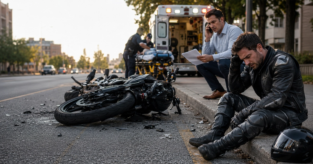 Injured motorcyclist beside a crashed bike and ambulance.