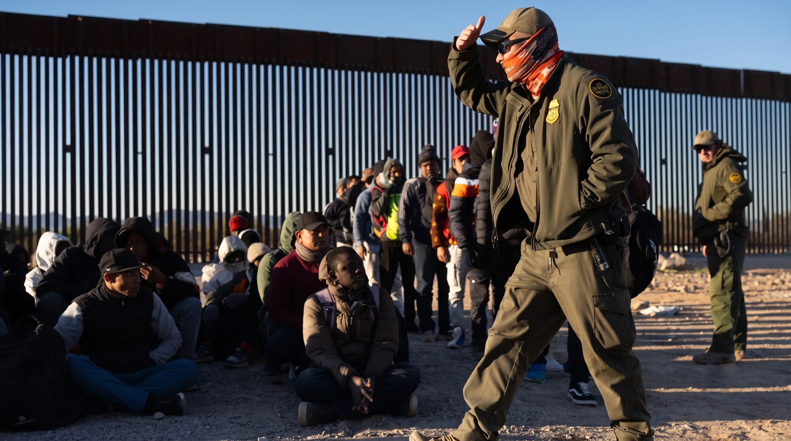 A border patrol agent gesturing near a line of migrants at the border wall.