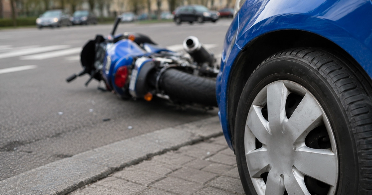 A blue car stopped by the curb with a fallen blue motorcycle on the road after an accident.