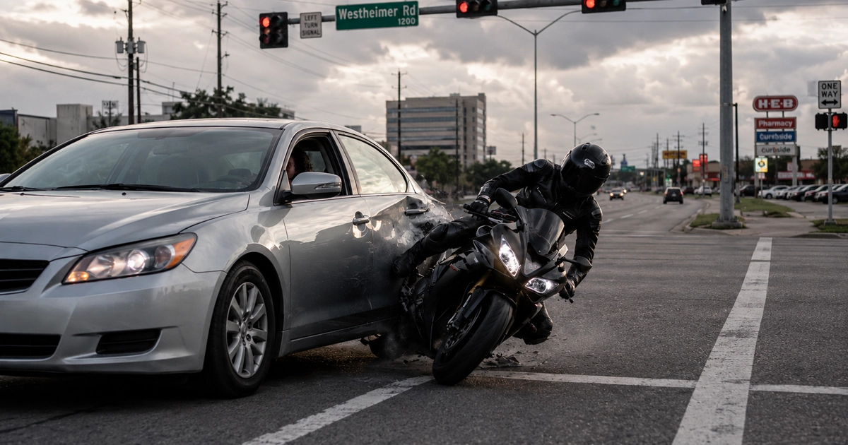 Motorcycle colliding with a car at a Houston intersection