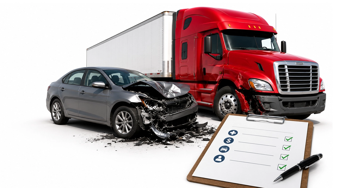 Damaged car and semi-truck with accident claim checklist.