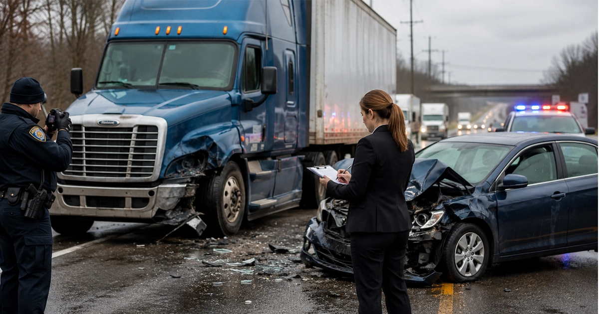 Investigators documenting a truck and car collision.
