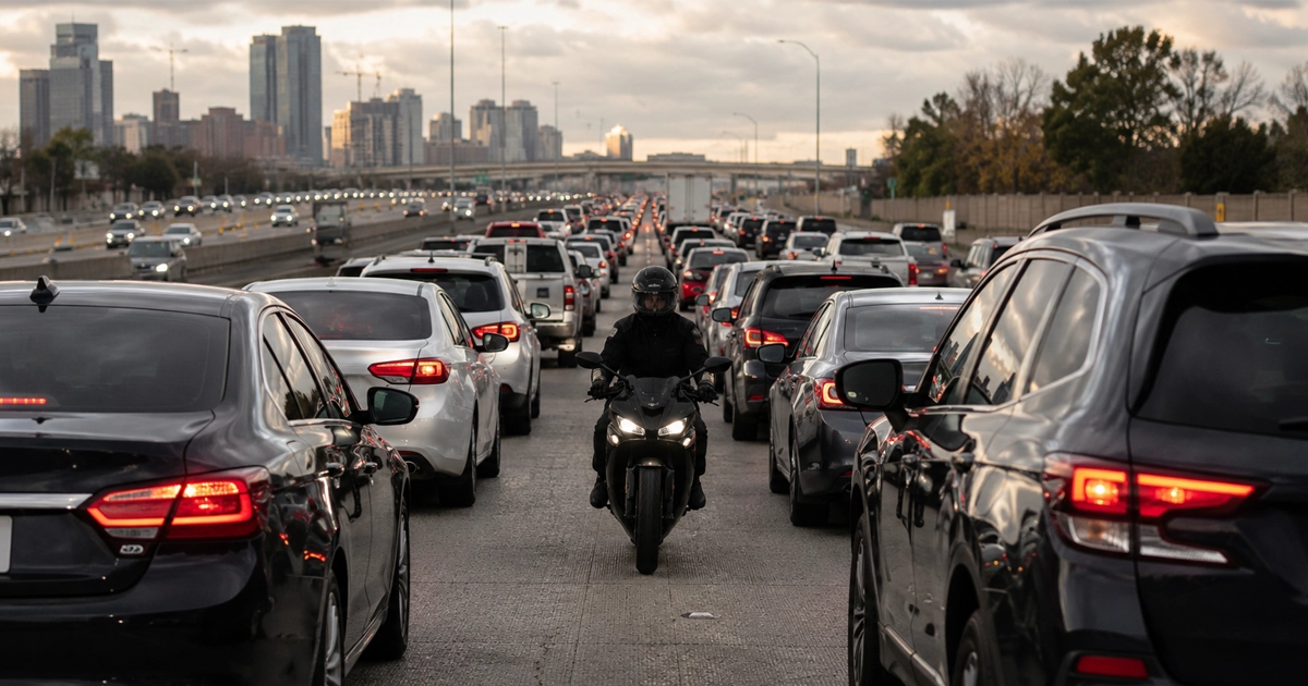 Motorcyclist lane splitting through heavy traffic.