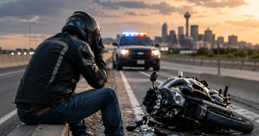 Motorcyclist sits beside a crashed bike as police arrive on a Texas highway at sunset.
