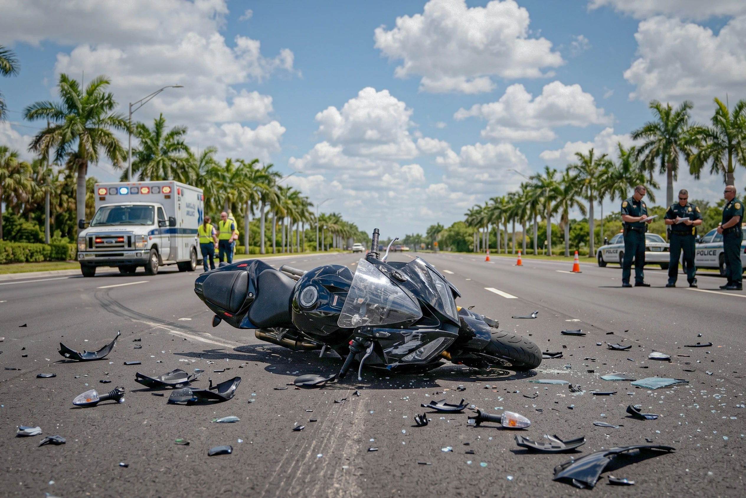A wrecked motorcycle lying in the middle of a road with debris scattered around, surrounded by police officers and an ambulance.