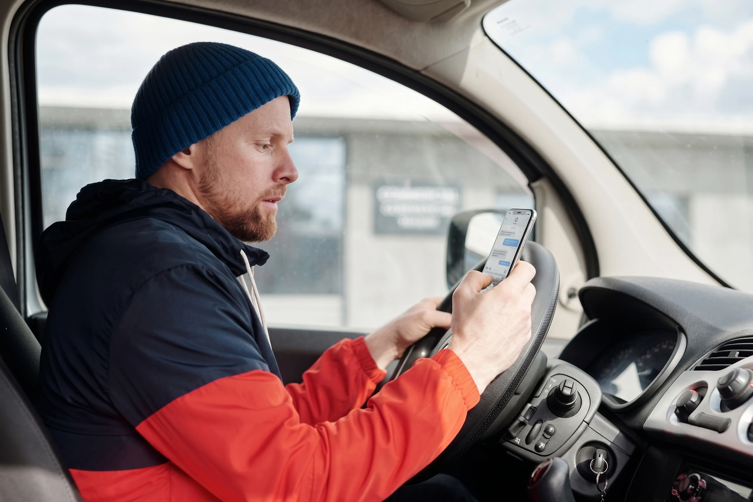 Driver texting on a mobile phone behind the wheel of a van, illustrating distracted driving risks.