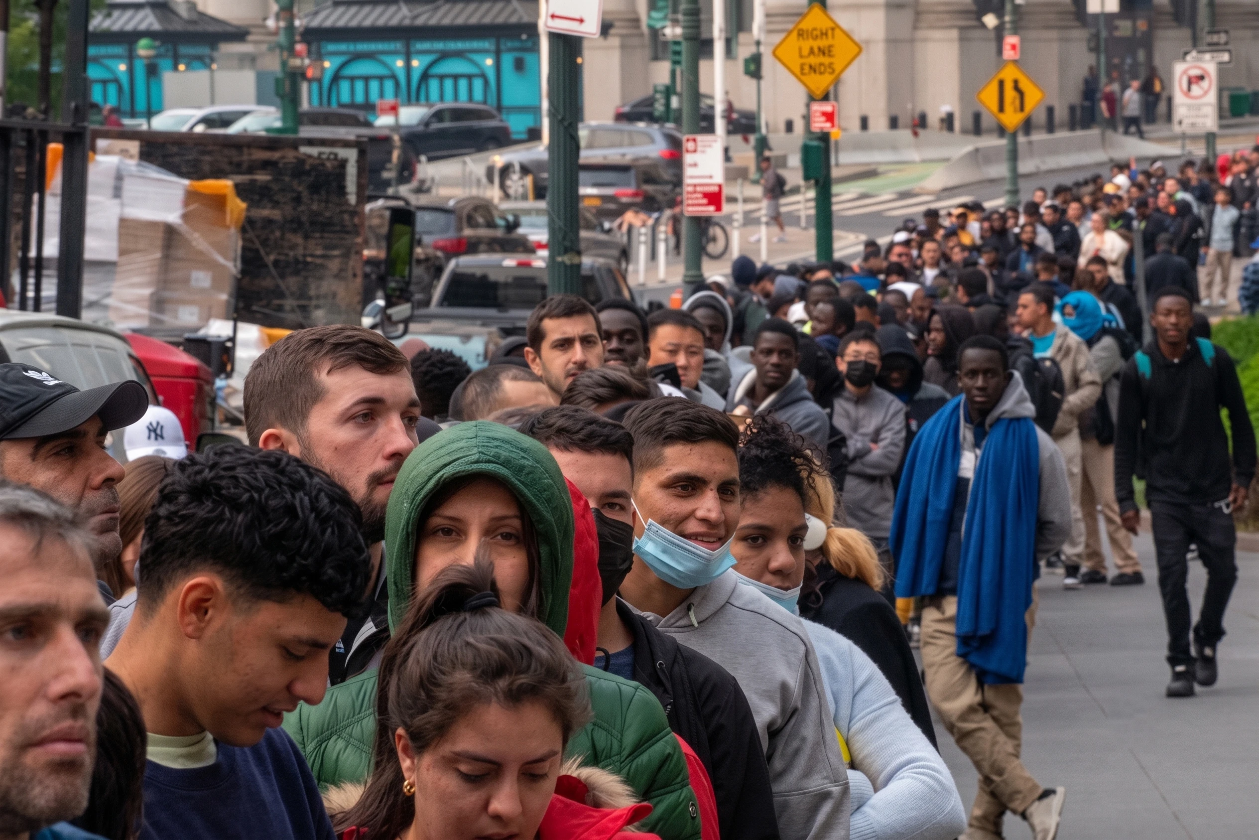 A large crowd of diverse people forming a long line on a urban city sidewalk, with street signs and city traffic in the background.