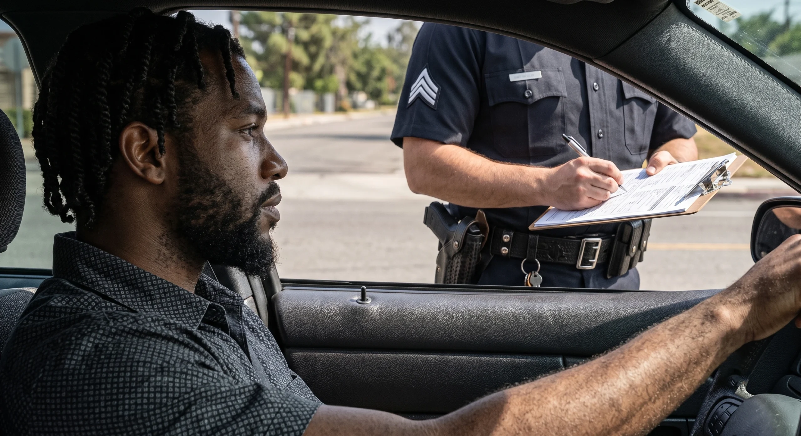 Close-up view from inside a car of a police officer in uniform writing a ticket during a vehicle stop.