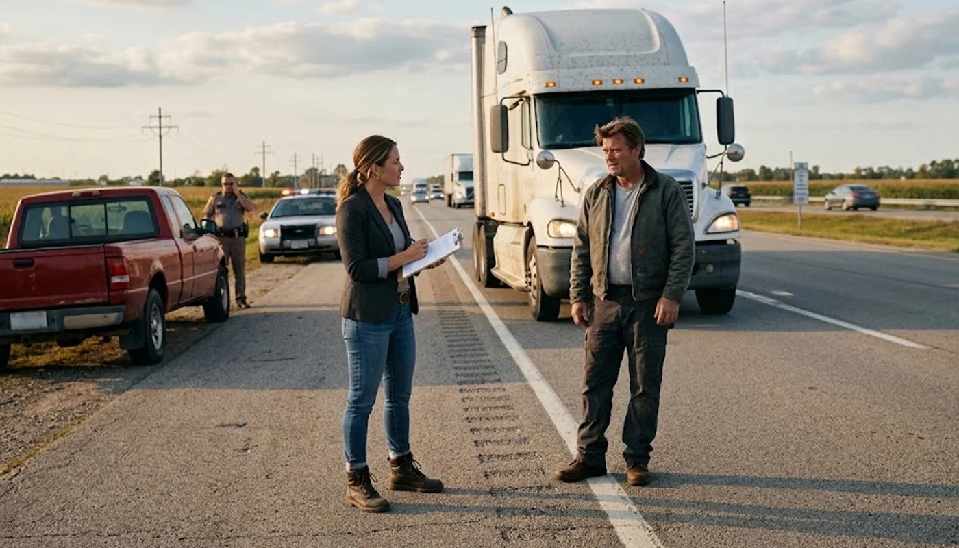 Female investigator takes notes while speaking with truck driver roadside.